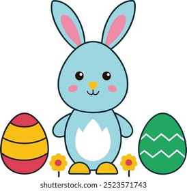"Easter Benny Rabbit and Egg Vector Illustration" features a cute bunny, often holding or surrounded by colorful Easter eggs. The design is playful, perfect for festive projects, decorations, or cards
