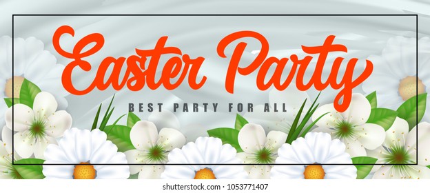 Easter best party for all festive banner design with frame and white flowers. Calligraphic inscription can be used for greeting cards, postcards, invitations.