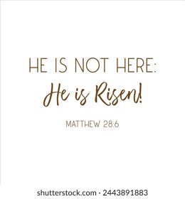 Easter Bible Verse, He is not here, He is Risen, Matthew 28:6, Easter wall decor, Easter sign, Christian holiday card, vector illustration	