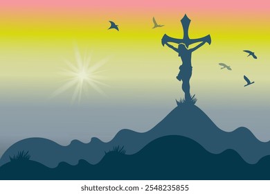 Easter biblical story - Good friday template. Crucifixion of Jesus Christ. He is risen. Calvary hill with silhouette Jesus Christ on the crosses vector illustrations