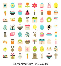 Easter big flat styled icons set over white. Flat stylized icons set 