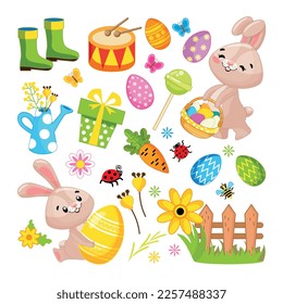 Easter big holiday set with eggs and rabbit in cartoon style. Element for design