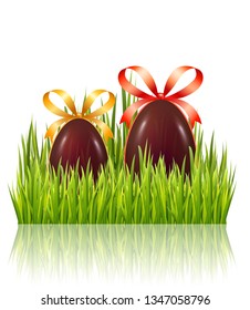 Easter big hunt with chocolate eggs with bow and green grass isolated on white glossy background. Vector illustration