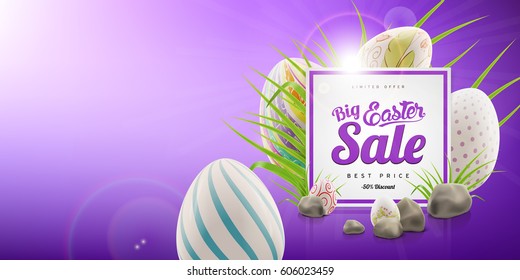 Easter big sale banner background template with lettering, green grass, stones and decorated eggs. Vector illustration for your ad design and advertising needs.