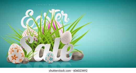 Easter big sale banner background template with lettering, green grass, stones and lot of colorful decorated eggs. Vector illustration for your ad design and advertising needs.