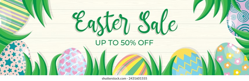 Easter big sale banner or poster design. Up to 50% off promotion. Realistic eggs. Easter discount template. Vector illustration for websites and markets. 