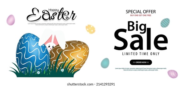 Easter Big Sales Banner Template Beautiful rabbit peeking out from behind eggs on a white background. promotion and shopping template.