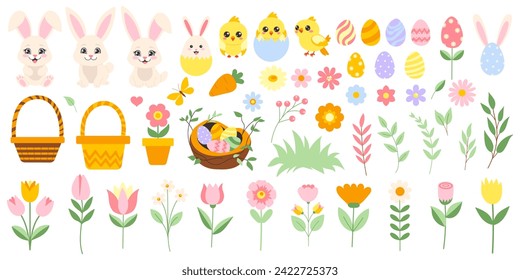 Easter big set with bunny, eggs, glowers, basket, chicken