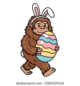 Easter Bigfoot with Bunny Ears and Colorful Egg	