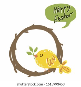 Easter bird chicken sits on a wreath of twigs with a twig in its beak, isolated vector. To create an Easter and greeting card. flat illustration, logo. For printing on textiles, tags,holiday packaging