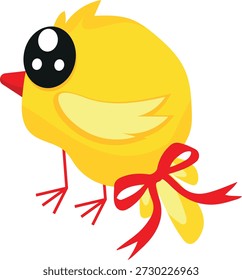 Easter bird icon, namely a yellow chicken with a red bow on its tail, side view, for printing, textiles or social networks