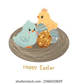 Easter, Bird nest with chicks, eggs, glitter effect, Easter composition, chick, perch, breeding place, birdhouse, oval shape, isolated on white background. vector