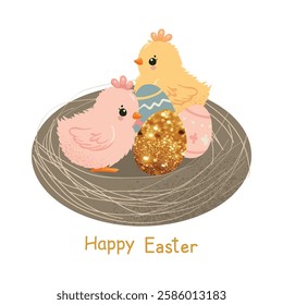 Easter, Bird nest with chicks, eggs, glitter effect, Easter composition, chick, perch, breeding place, birdhouse, oval shape, isolated on white background. vector