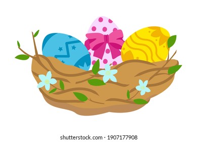 Easter bird nest with decorated eggs with spring flowers on white background. Design for the decoration of a greeting card, holiday banner, website