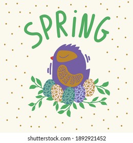 Easter bird in the nest. Spring greeting card of a chicken with eggs in a circle of greenery. Illustration Easter, spring, trees, greenery, flowers, nest house, bird eggs, foliage. Vector illustration