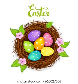 Easter birds nest with decorated eggs , flowers and fresh green leaves. Top view, isolated vector illustration