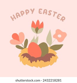 Easter Birds Nest with Painted eggs, Flowers and Text Happy Easter. Front view, Isolated Vector Flat Illustration. Greeting Card Template, Holiday Poster, Religious Celebration Decoration. Cartoon Art