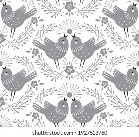 Easter Birds song vector seamless pattern. Symmetrical folk art illustration of spring bird couple in florals wreath neutral grey ornament for Christian spring holidays.