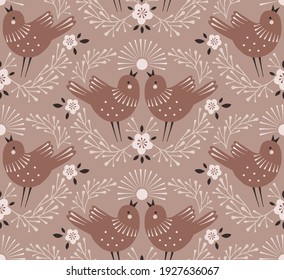 Easter Birds song vector seamless pattern. Symmetrical folk art illustration of spring bird couple in florals wreath surface background. Happy Easter ornament for Christian spring holidays.