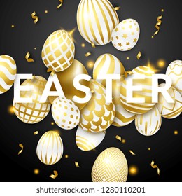 Easter black background with realistic golden decorated eggs, text and ribbons. Vector illustration greeting card, poster, flyer, banner
