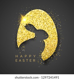 Easter black background with realistic golden egg, confetti, bunny silhouette and text. Vector illustration greeting card, poster, flyer, banner