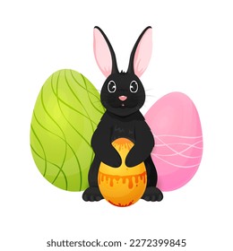 Osterschwarz-hase große gemalte Eiercartoon-Charakter. Fluffy Hasen-Pfosten-Urlaub Geschenk viele bunte bemalte Eier Frühling religiöse Veranstaltung glücklich süße Tierbuch-Aufkleber Grußkarte einzeln