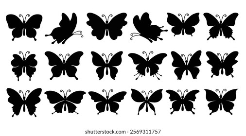 Easter black butterfly silhouette clipart set. Hand drawn black butterflies clip art for holiday decoration graphic elements collection. Vector illustration cute flying insect symbol. 
