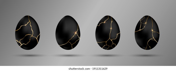 Huevos negros de Pascua. Huevos de lujo con diferentes líneas delgadas de oro de Kintæ. Vacaciones de primavera. Ilustración vectorial realista. Para tarjeta de saludo, promoción, afiche, volante, banner, medios sociales.
