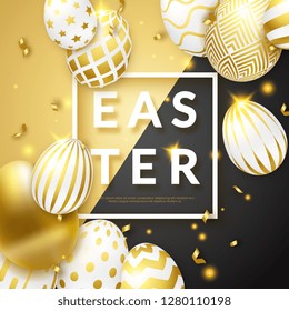 Easter black and gold background with realistic golden decorated eggs, frame, text and ribbons. Vector illustration greeting card, poster, flyer, banner