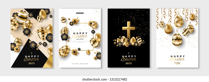 Easter Black And Gold Posters Or Flyers Design Set With Eggs And Spring Flowers. Vector Illustration. Place For Your Text