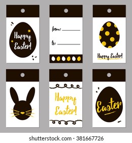 Easter black and gold trendy tags set, collection. Vector easter gift card design for print.