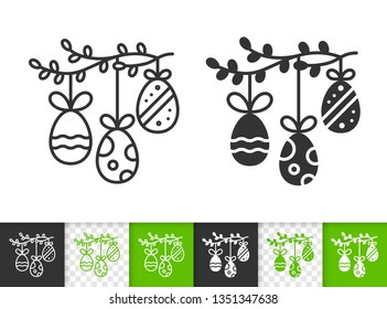 Easter black linear and silhouette icons. Thin line sign of egg. Branch outline pictogram isolated on white, green, transparent background. Vector Icon shape. Spring holiday simple symbol closeup