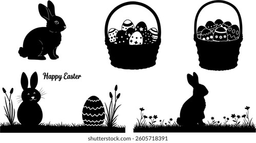 Easter Black Vector Silhouette on White Background | Holiday Illustration | Easter Bunny, Eggs and Spring | Minimalist and Editable Design