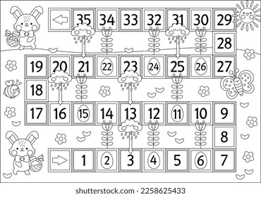 Easter black and white board game for children with funny bunny going for egg hunt. Spring holiday party boardgame with flowers. Cute garden printable roll a dice activity or coloring page