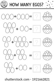 Easter black and white counting game with colored eggs and basket. Holiday activity for preschool children. Spring printable math worksheet. Addition puzzle or coloring page for kids

