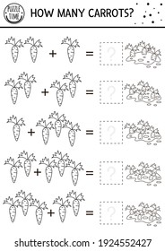 Easter black and white counting game with carrots. Holiday activity for preschool children with garden theme. Educational spring printable math worksheet. Addition puzzle or coloring page for kids

