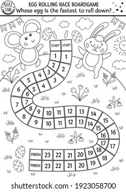 Easter black and white egg rolling race board game for children with cute bunny. Outline holiday dice boardgame with eggs. Traditional spring activity. Printable worksheet or coloring page

