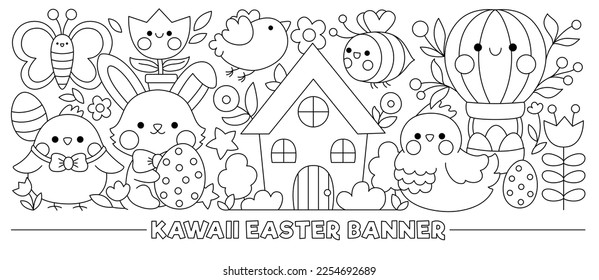 Easter black and white horizontal banner with cute kawaii characters for kids. Vector funny bunny with chick, cottage, flowers. Cute garden illustration. Funny spring holiday coloring page for kids
