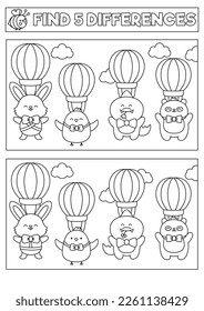 Easter black and white kawaii find differences game. Coloring page with cute hot air balloons with animals flying in the sky. Spring holiday puzzle or activity for kids. What is different worksheet
