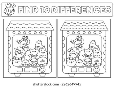 Easter black and white kawaii find differences game. Coloring page with cute animals in toy vending machine. Spring holiday puzzle or activity for kids with characters. What is different worksheet
