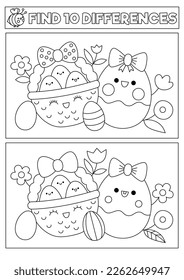 Easter black and white kawaii find differences game for children. Coloring page with cute basket, eggs, flowers. Spring holiday puzzle or activity for kids. What is different printable worksheet
