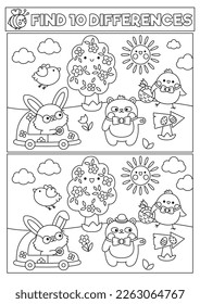 Easter black and white kawaii find differences game for children. Attention skills line activity with cute bunny and chick going on egg hunt. Spring holiday puzzle or coloring page for kids
