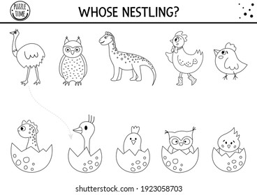 Easter black and white matching activity for children with birds and eggs. Fun outline spring puzzle with hatching nestlings and their moms. Holiday game, printable worksheet or coloring page for kids