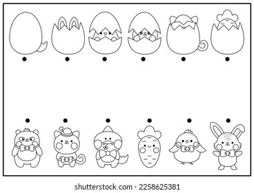 Easter black and white matching activity for children with kawaii animals hiding in eggs. Fun spring holiday puzzle with cute hatching bunny, chick. Printable worksheet or coloring page for kids
