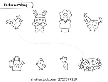 Easter black and white matching activity with animals and spring elements. Holiday puzzle with bunny, carrot, bird, nest, flower, hen, chick. Match objects game, printable worksheet, coloring page
