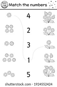 Easter black and white matching game with spring flowers. Holiday math activity for preschool children with dandelions. Printable counting worksheet or coloring page for kids

