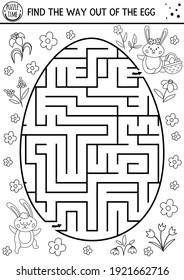 Easter black and white maze for children with cute bunnies in egg shape. Holiday outline preschool printable activity. Funny spring garden game or coloring page. Find the way out of the egg. 

