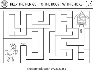 Easter black and white maze for children. Holiday preschool printable educational activity. Outline spring garden or farm game or coloring page. Help the hen get to the roost with chicks 
