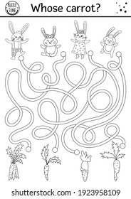 Easter black and white maze for children with bunny family and carrots. Holiday outline preschool printable activity with rabbits and vegetables. Funny spring garden game or coloring page
