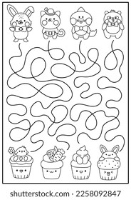 Easter black and white maze for kids. Spring holiday preschool printable activity with kawaii animals and cupcakes with eggs, carrot, bunny, chick. Labyrinth game coloring page with cute cup cakes
